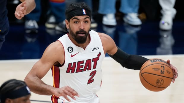 Heat guard Gabe Vincent dribbles during Game 2 of NBA Finals